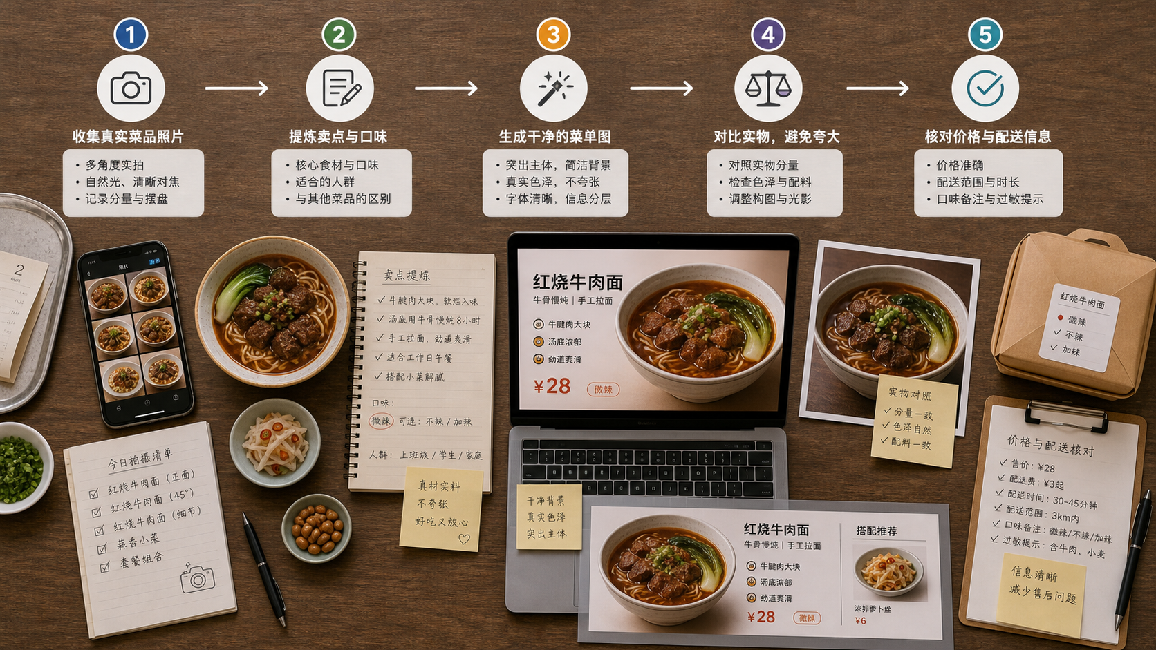 AI 菜单图从真实菜品照片到价格和外卖清晰度检查的流程