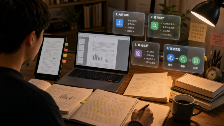 人在书桌前用 AI 阅读和标注长 PDF 文档