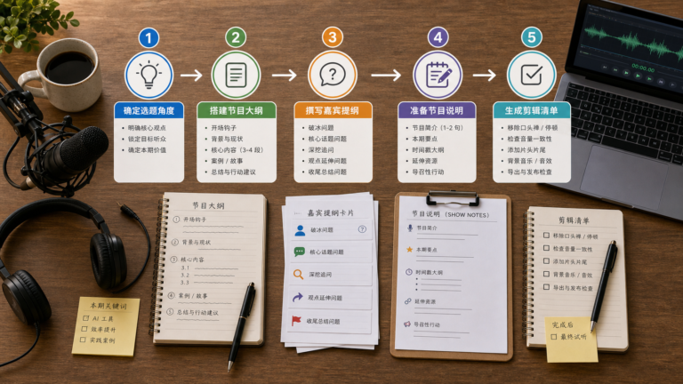 播客创作者在录制前用 AI 准备提纲和访谈问题