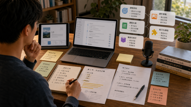 翻译者在桌面上对照 AI 译文和原文