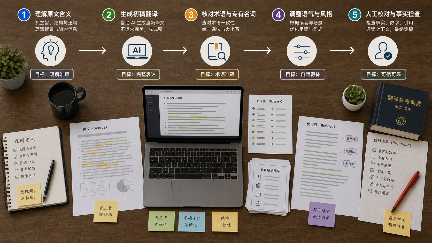 AI 翻译从理解原文、生成初稿到人工审校的流程