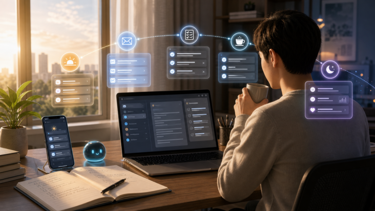 普通人在家中书桌使用 AI 管理早报邮件待办和晚间复盘