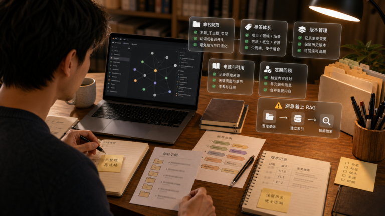 人在书桌前整理个人知识库再接入 AI 搜索