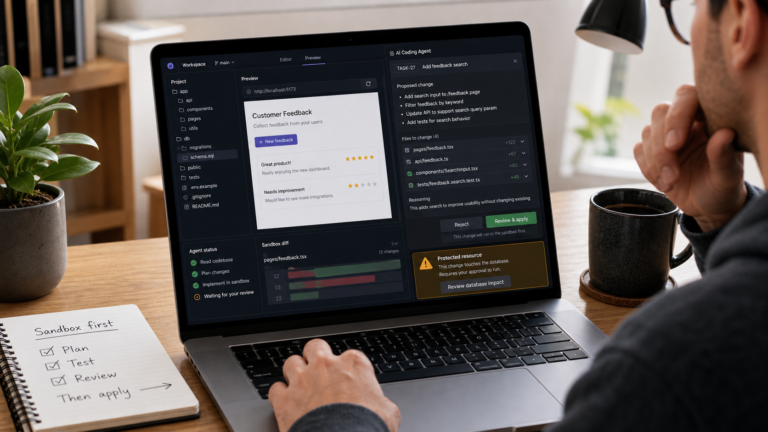 开发者在云端 IDE 中审查 AI Agent 生成的应用改动